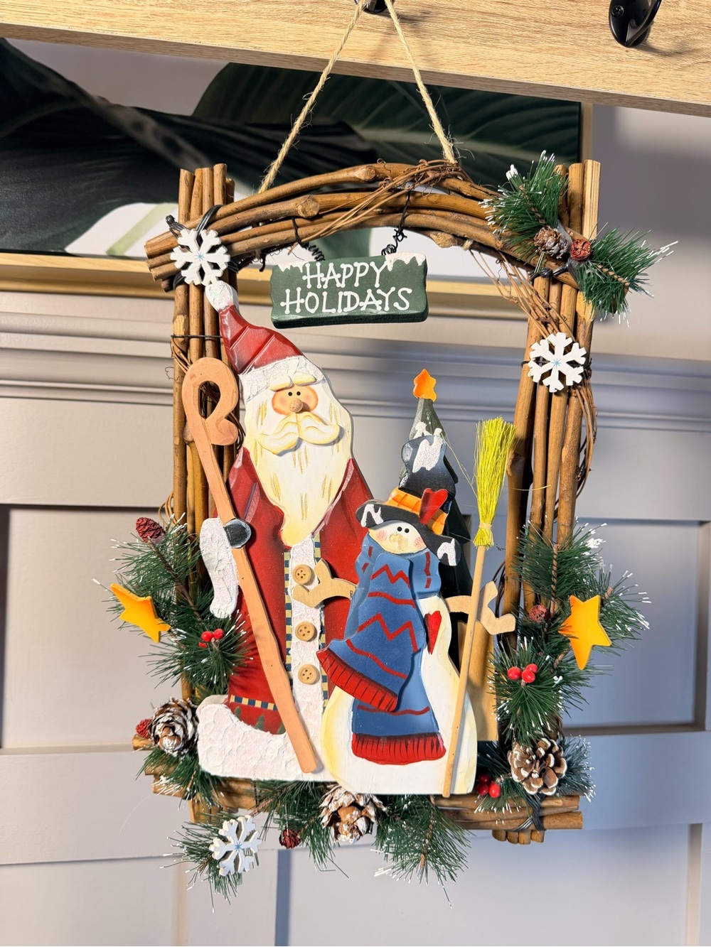 Holiday Santa Snowman Door Hanger Christmas wreath hanger crafted natural wood